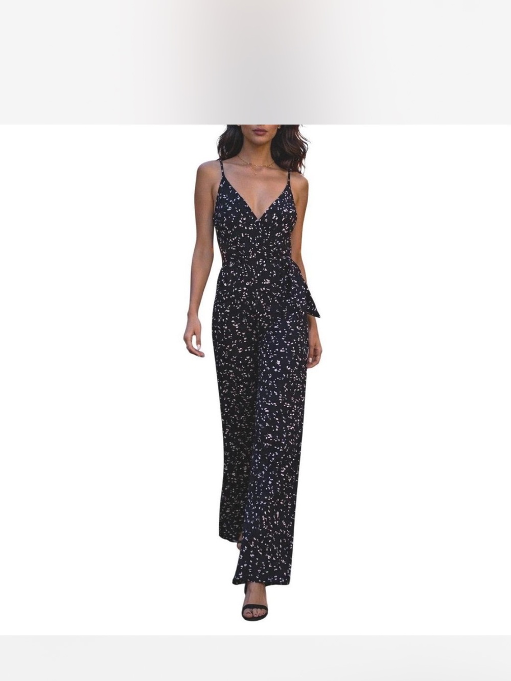 Kaileigh Black Spotted V‑Neck Jumpsuit with Waist Tie